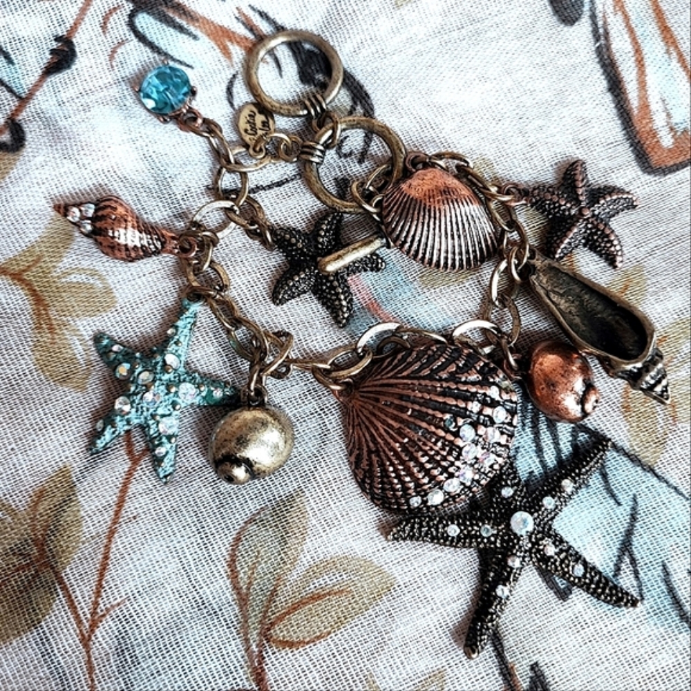 Cookie Lee Brass Copper Seashell Marine Life Rhinestones Starfish Bracelet - Picture 10 of 11